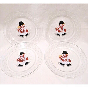 4 Plates Crate & Barrel CLEAR GLASS Ice Skating Snowman Christmas Party NEW TAG